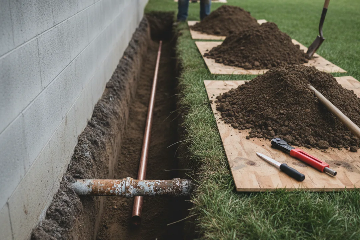 Excavated water line trench during Water Softener Installation in Dublin